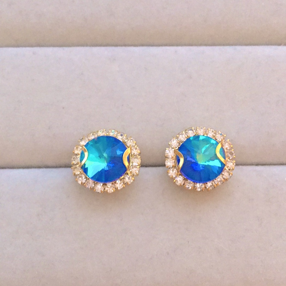 Light Sapphire Aurora Borealis + Gold Rivoli Crystal Halo Earrings - Picture 9 of 11